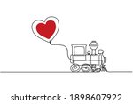 Continuous line drawing. The train carries a heart on a string. Greeting card for Valentine's Day. Love, simple happiness, vector illustration.