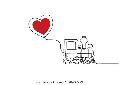 Continuous line drawing. The train carries a heart on a string. Greeting card for Valentine's Day. Love, simple happiness, vector illustration.