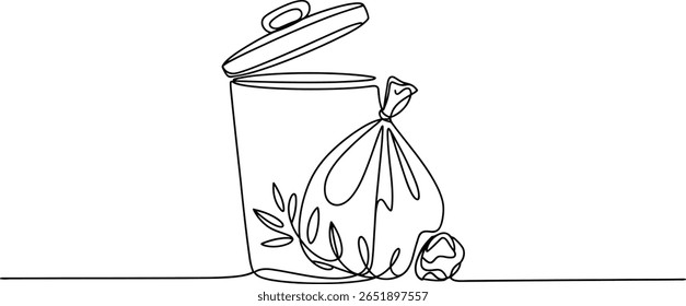 Desenho de Linha Contínuo de Lixeira com Folhas e Saco de Lixo, Arte Mínima de Uma Linha Representando Práticas de Resíduos Sustentáveis