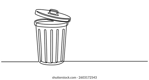 continuous line drawing of trash can symbol. abstract line art illustration, One continuous line drawing of metallic garbage container. Recycling waste dustbin in simple linear style. Trash box pro.