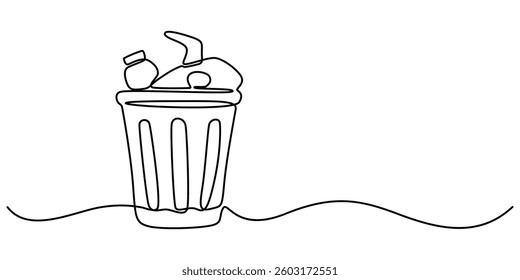 continuous line drawing of trash can symbol. abstract line art illustration, One continuous line drawing of metallic garbage container. Recycling waste dustbin in simple linear style. Trash box pro.