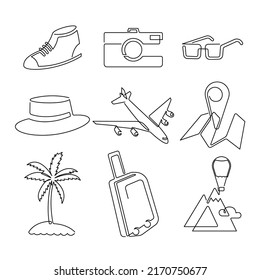 Dibujo continuo de línea del vector conjunto de objetos de viaje. ilustración de línea de Tour y Viajes.