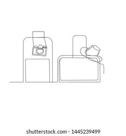 continuous line drawing of travel suitcase hat and photo camera. isolated sketch drawing of travel suitcase hat and photo camera line concept. outline thin stroke vector illustration