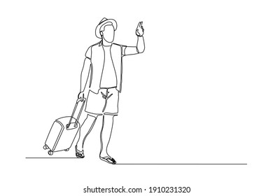 Continuous line drawing of traveler man with luggage. Single one line art concept of tourist walking with suitcase. Vector illustration