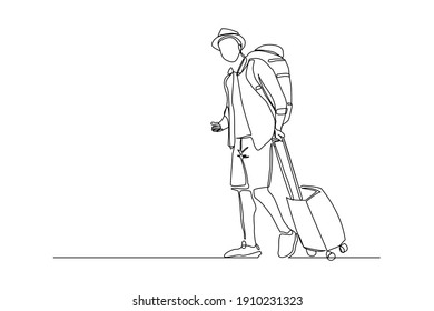 Continuous Line Drawing Of Traveler Man With Luggage. Single One Line Art Concept Of Tourist Walking With Suitcase. Vector Illustration