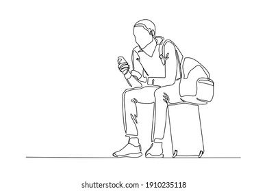 Continuous Line Drawing Of Traveler Man Sitting With Luggage. Single One Line Art Concept Of Tourist Walking With Suitcase. Vector Illustration