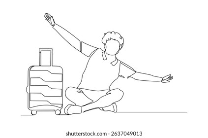Desenho de linha contínua do homem viajante com bagagem. Um único esboço de arte de uma linha conceito de traço editável de passeio turístico com mala. Ilustração vetorial