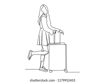 Continuous line drawing of traveler walking rolling bag on wheels Vector illustrations