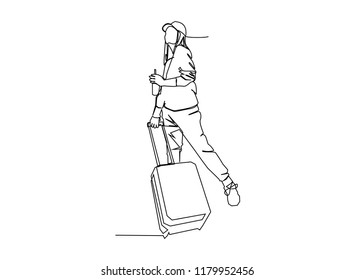 Continuous line drawing of traveler walking rolling bag on wheels Vector illustrations