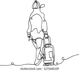 Continuous line drawing of traveler walking rolling bag on wheels. Vector illustrations.