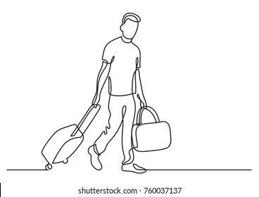 continuous line drawing of traveler walking rolling bag on wheels