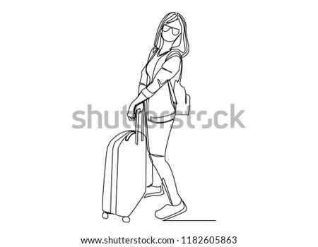Continuous line drawing of traveler walking rolling bag on wheels Vector illustrations