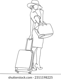 Continuous line drawing of traveler woman with luggage. Single one line art concept of tourist walking with suitcase. Vector illustration