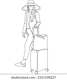 Continuous line drawing of traveler woman with luggage. Single one line art concept of tourist walking with suitcase. Vector illustration