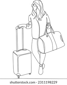 Dibujo continuo de una mujer viajera con equipaje. Concepto de arte de una sola línea de senderismo turístico con maleta. Ilustración del vector