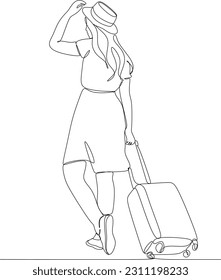 Continuous line drawing of traveler woman with luggage. Single one line art concept of tourist walking with suitcase. Vector illustration