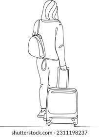 Continuous line drawing of traveler woman with luggage. Single one line art concept of tourist walking with suitcase. Vector illustration