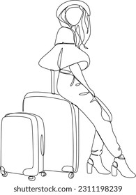 Continuous line drawing of traveler woman with luggage. Single one line art concept of tourist walking with suitcase. Vector illustration