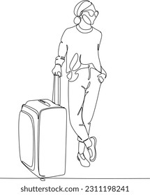 Continuous line drawing of traveler woman with luggage. Single one line art concept of tourist walking with suitcase. Vector illustration