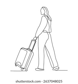 Continuous line drawing of traveler woman with luggage. Single one line art sketch editable stroke concept of tourist walking with suitcase. Vector illustration