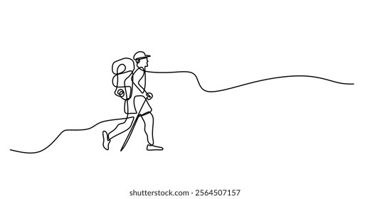 Continuous line drawing of travelers hiking in the mountains, illustrating the beauty of nature and physical activity. Minimalist design for outdoor enthusiasts. Vector illustration hand drawn.