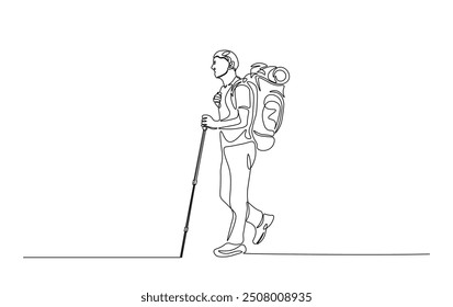 Continuous line drawing of travelers walking with backpacks and trekking poles. Travelers - hiker in simple outline illustration. 