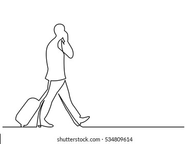 Continuous Line Drawing Of Travelling Businessman Walking With Rolling Luggage