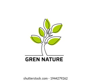 Continuous line drawing of tree, green nature logo concept.