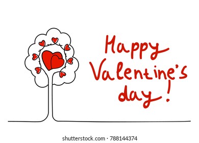Continuous line drawing. A tree with hearts, an inscription. Drawing by hand Happy Valentine's day. vector illustration for banner, template, poster, web. Black thin line image of heart icon.