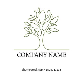 Continuous line drawing of tree logo design on white background. Company name. Vector illustration