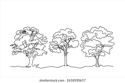 Desenho de linha contínuo da árvore sobre fundo branco. Ilustração vetorial. Traçado editável.	
	