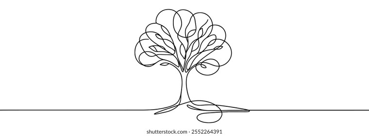 Continuous line drawing of tree. One line drawing background. Vector illustration. Single line tree icon.