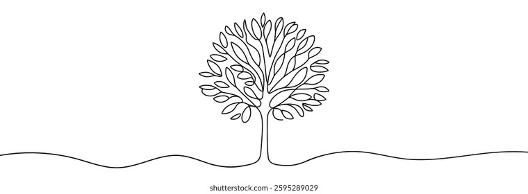 Continuous line drawing of tree. One line drawing background. Vector illustration. Single line tree icon.