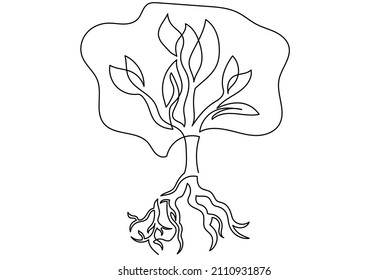 Continuous line drawing of a tree with roots and foliage. The concept of connection of generations. Protection of Nature.