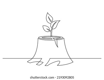 Continuous Line Drawing Of Tree Stump With Sprout. Vector Illustration.