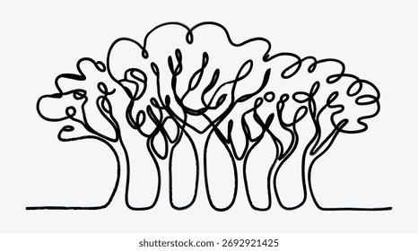 Desenho de linha contínua de árvores Floresta Projeto minimalista isolado no branco