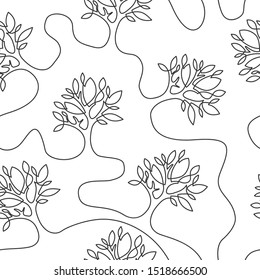 Continuous line drawing of trees on white background. Seamless pattern. Vector illustration