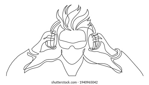 continuous line drawing of trendy hair style woman in sunglasses listening music in headphones