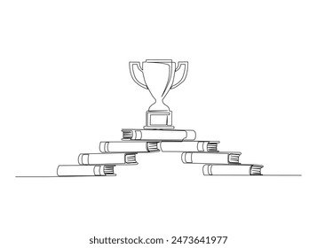 Continuous line drawing of trophy cup and stack books use as stairs . Stairs books with Trophy cup in the top. Editable outline.