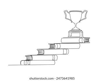 Eine durchgehende Strichzeichnung von Pokal und Stapelbüchern wird als Treppe verwendet. Treppenbücher mit Trophäenschale in der Spitze. Bearbeitbare Gliederung.