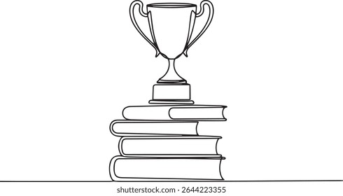 continuous line drawing of a trophy cup resting on stacked books in black and white illustration