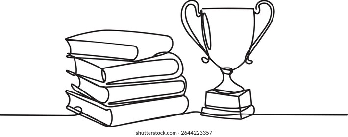 continuous line drawing of a trophy cup resting on stacked books in black and white illustration