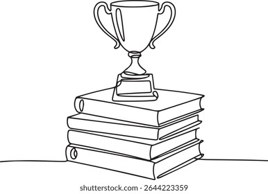 continuous line drawing of a trophy cup resting on stacked books in black and white illustration