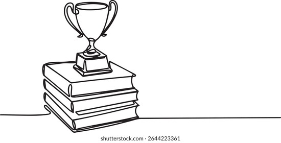 continuous line drawing of a trophy cup resting on stacked books in black and white illustration