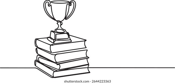 continuous line drawing of a trophy cup resting on stacked books in black and white illustration