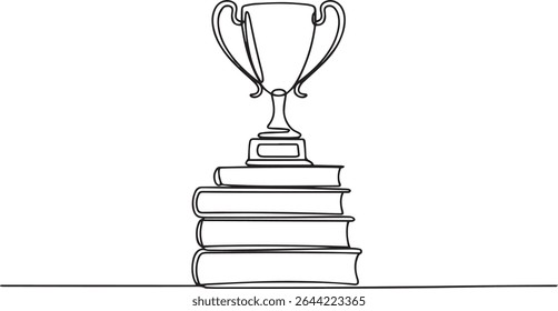 continuous line drawing of a trophy cup resting on stacked books in black and white illustration