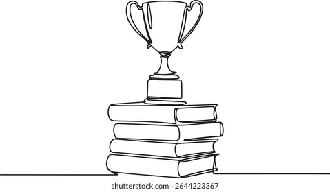 continuous line drawing of a trophy cup resting on stacked books in black and white illustration