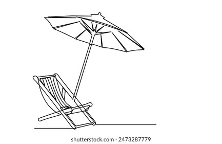 Continuous line drawing of Tropical beach umbrella striped beach chairs.Concept of holiday summer vacation and Relaxing on the beach.Isolated on a white background.
