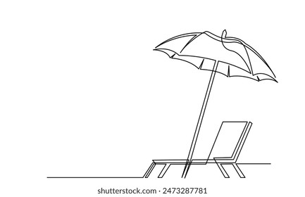 Continuous line drawing of Tropical beach umbrella striped beach chairs.Concept of holiday summer vacation and Relaxing on the beach.Isolated on a white background.
