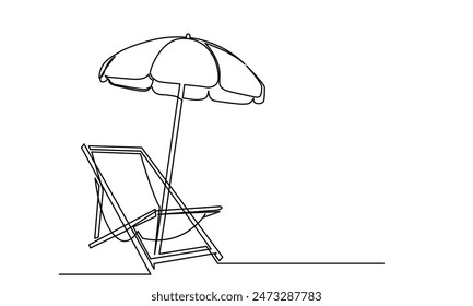 Continuous line drawing of Tropical beach umbrella striped beach chairs.Concept of holiday summer vacation and Relaxing on the beach.Isolated on a white background.
